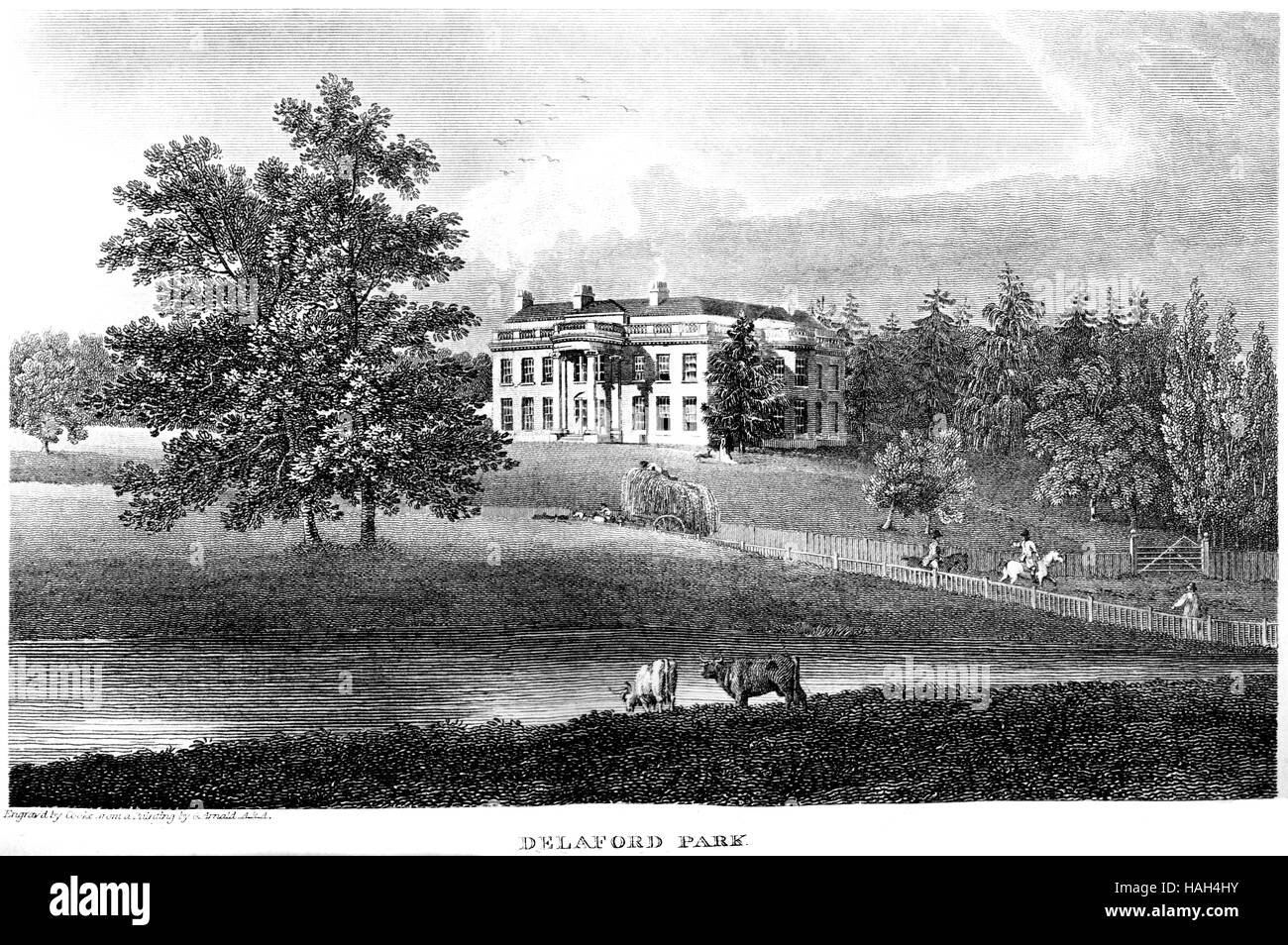 An engraving of Delaford Park scanned at high resolution from a book printed in 1812. Believed copyright free. 1800s farming & agriculture. Stock Photo