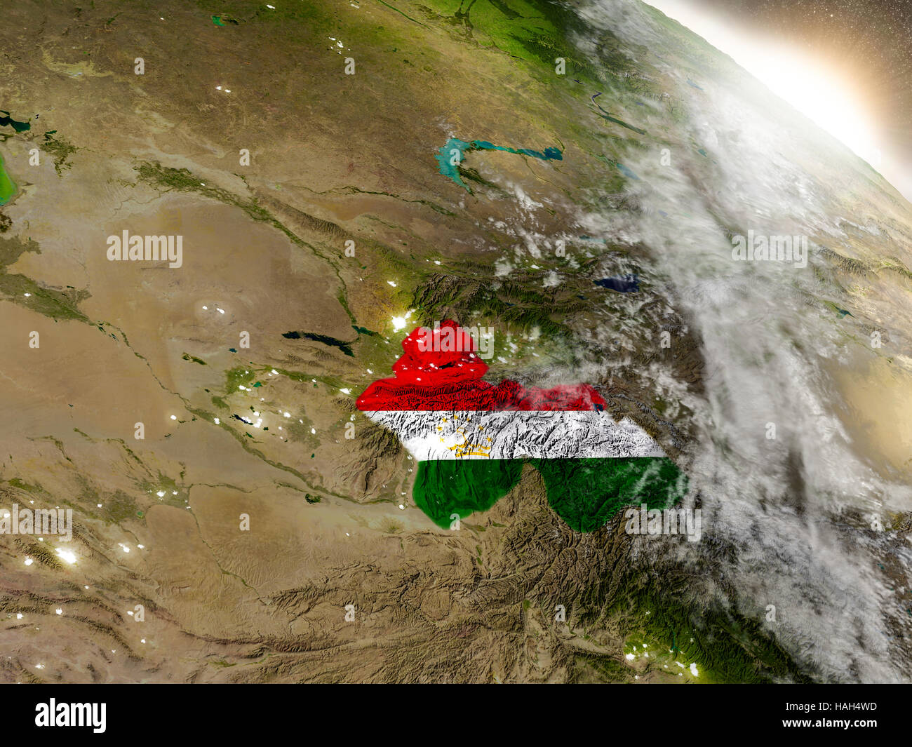 Tajikistan with embedded flag on planet surface during sunrise. 3D ...