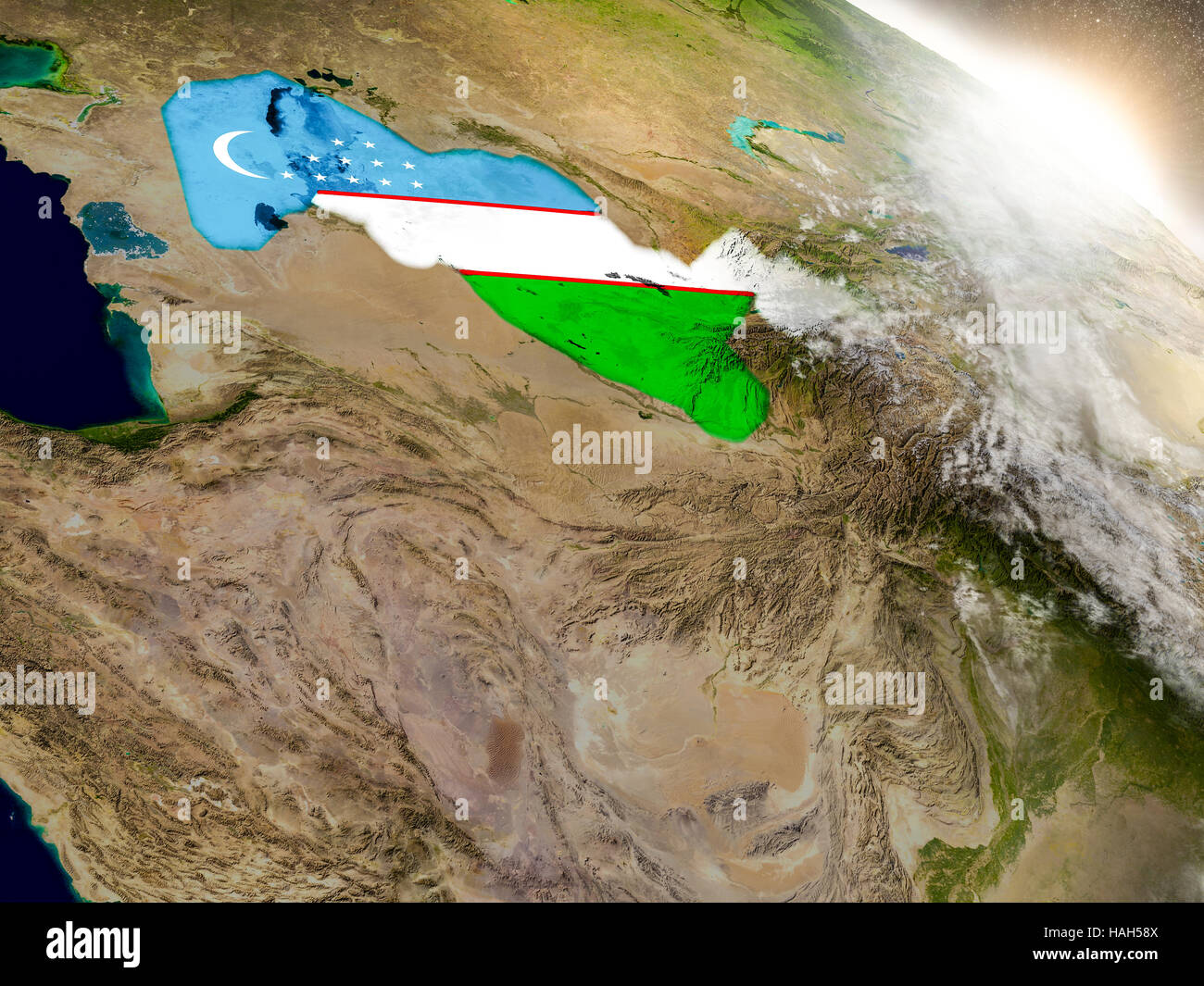 Uzbekistan with embedded flag on planet surface during sunrise. 3D ...