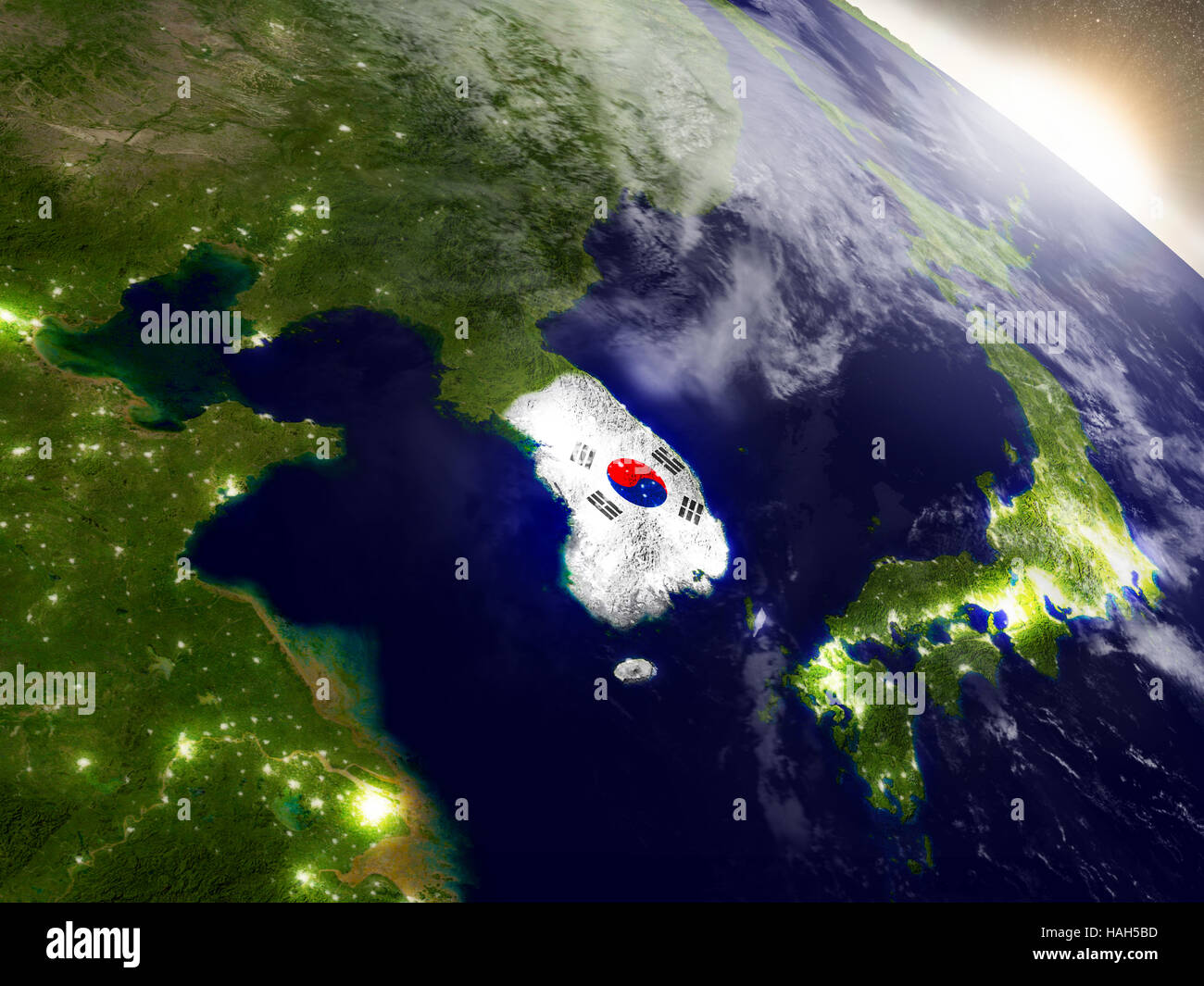 South Korea with embedded flag on planet surface during sunrise. 3D ...