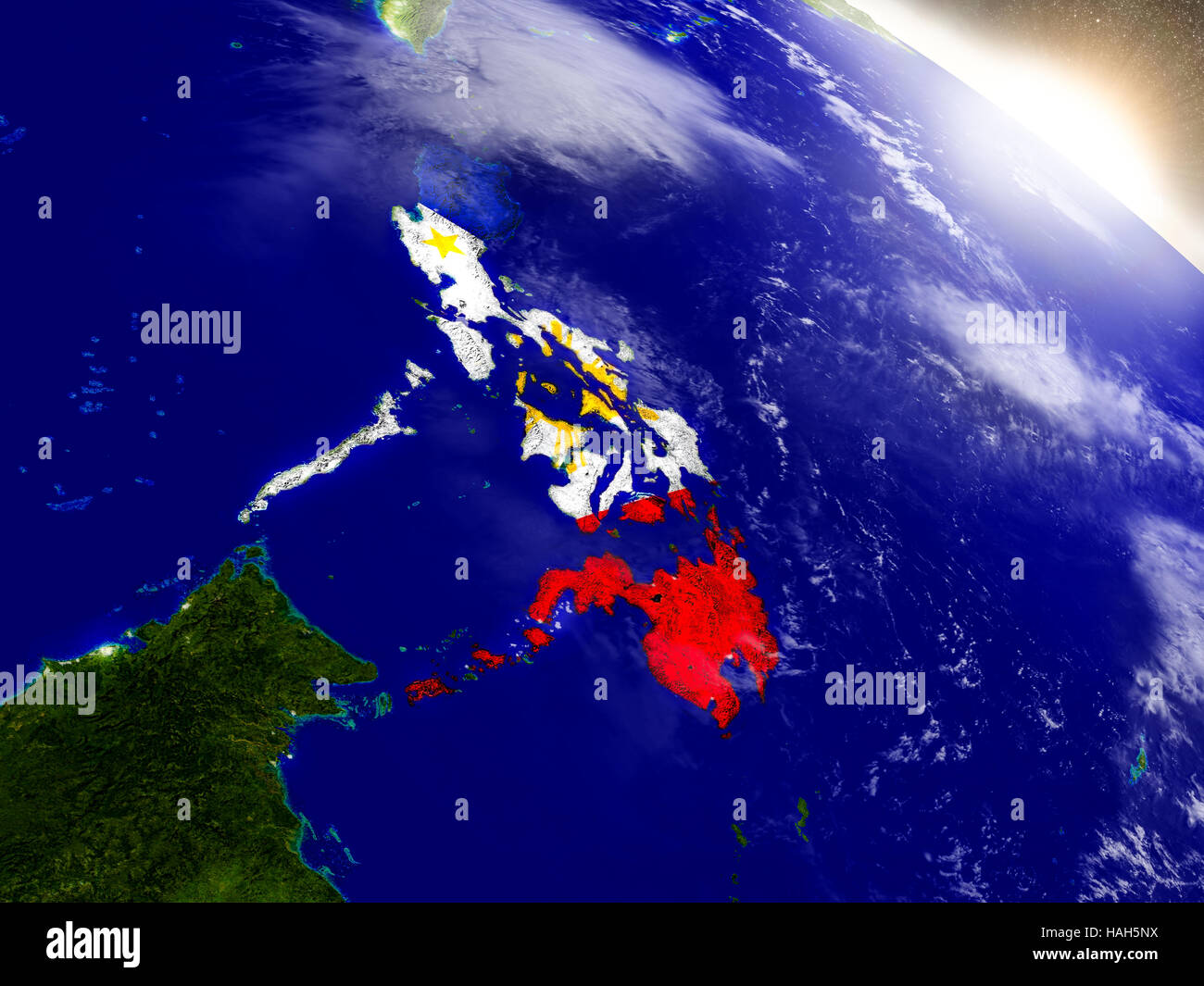 Philippines with embedded flag on planet surface during sunrise. 3D ...