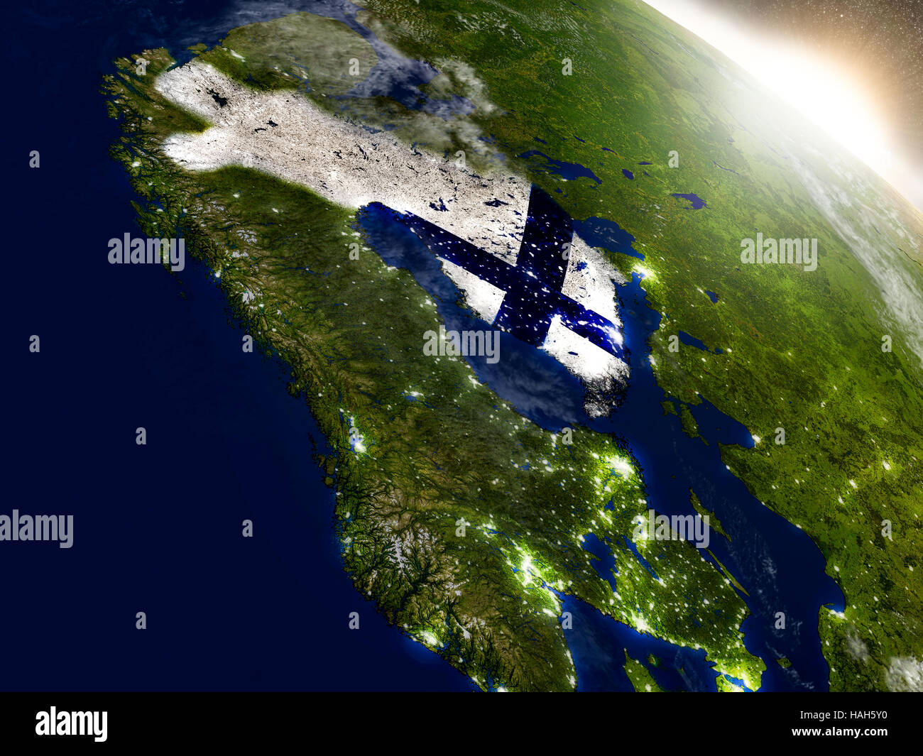 Finland with embedded flag on planet surface during sunrise. 3D illustration with highly detailed realistic planet surface and visible city lights. El Stock Photo