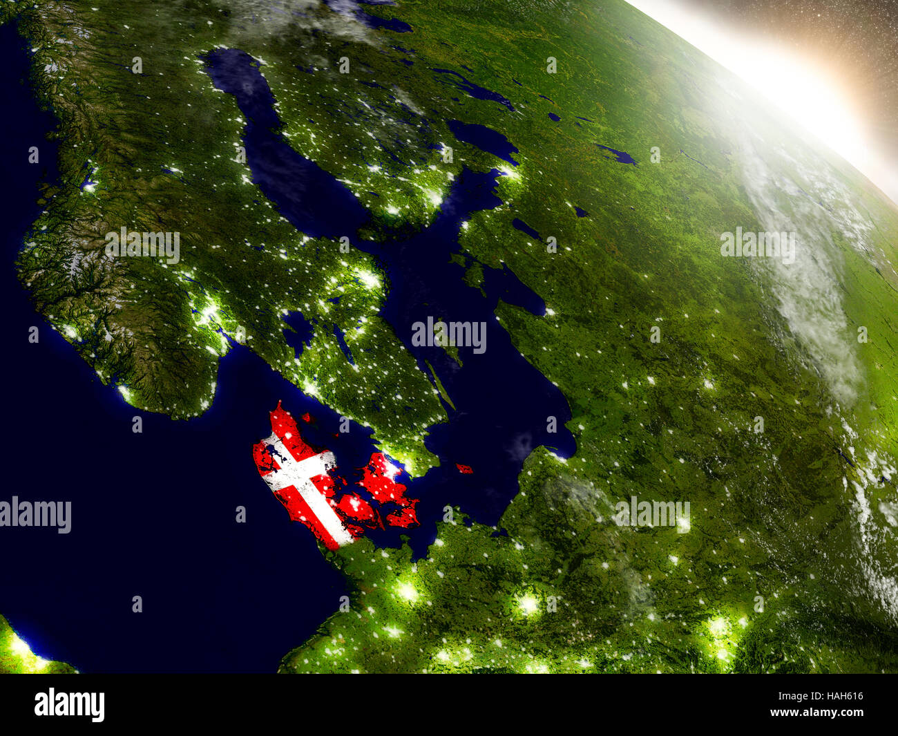 Denmark with embedded flag on planet surface during sunrise. 3D ...
