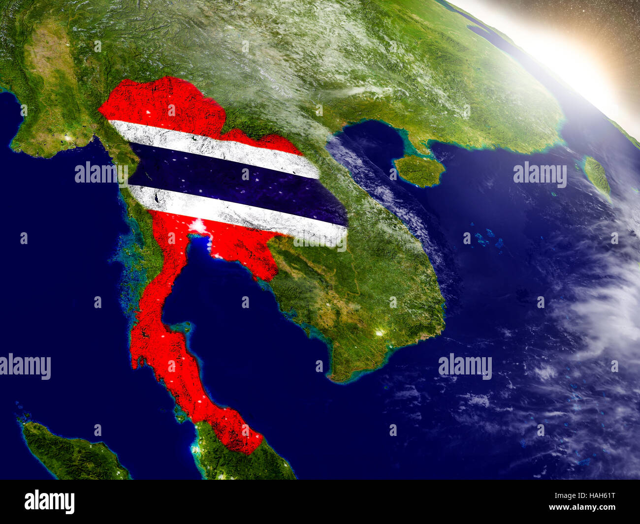 Thailand with embedded flag on planet surface during sunrise. 3D ...