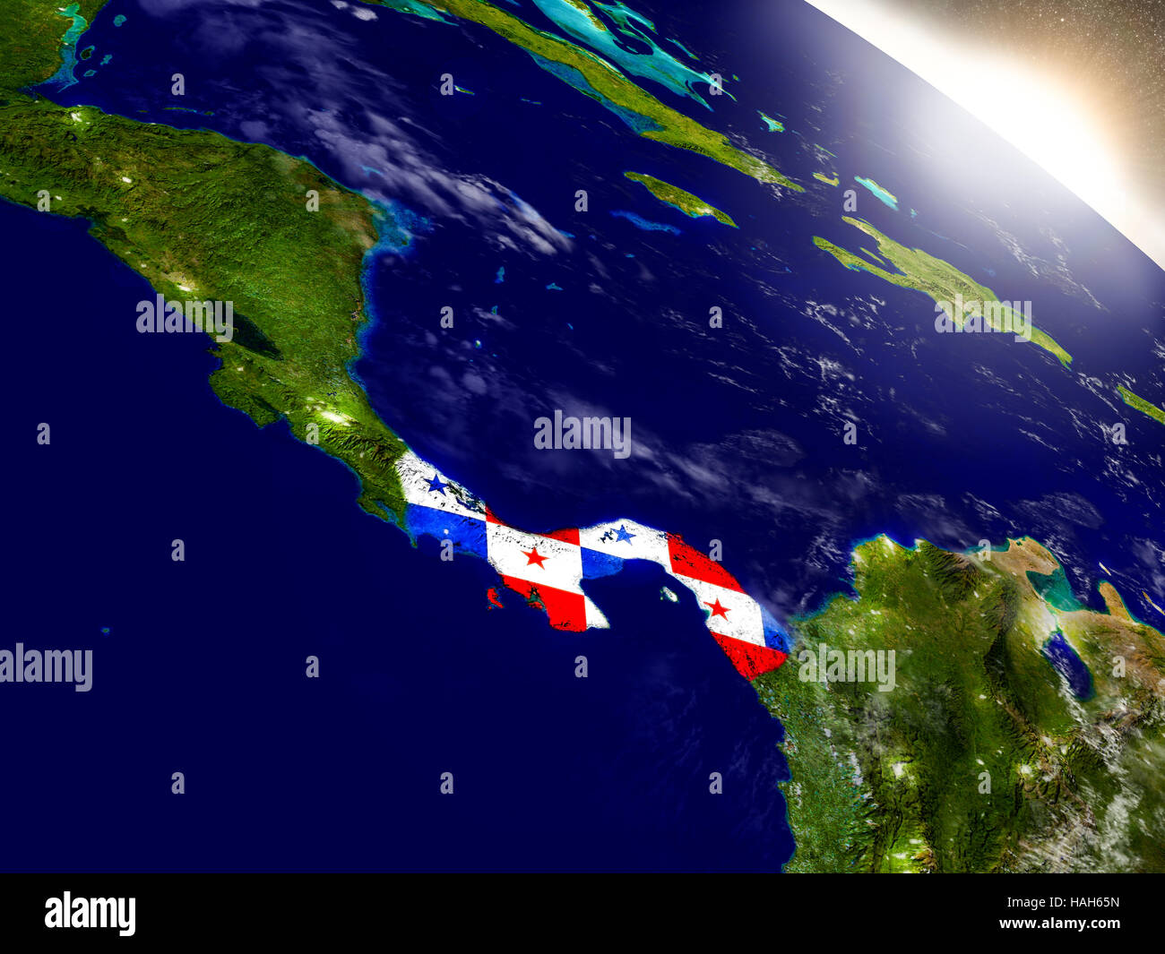 Panama with embedded flag on planet surface during sunrise. 3D ...