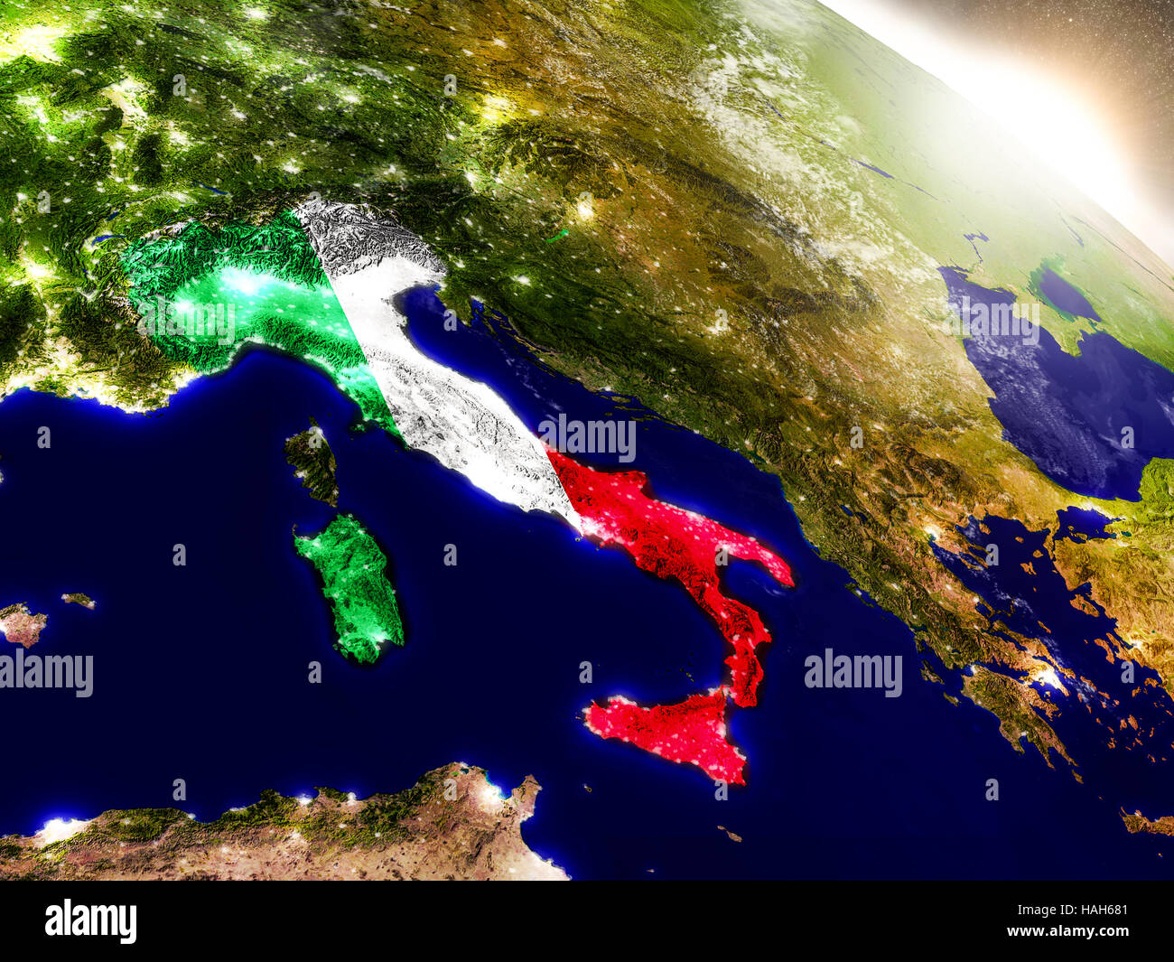 Italy with embedded flag on planet surface during sunrise. 3D ...