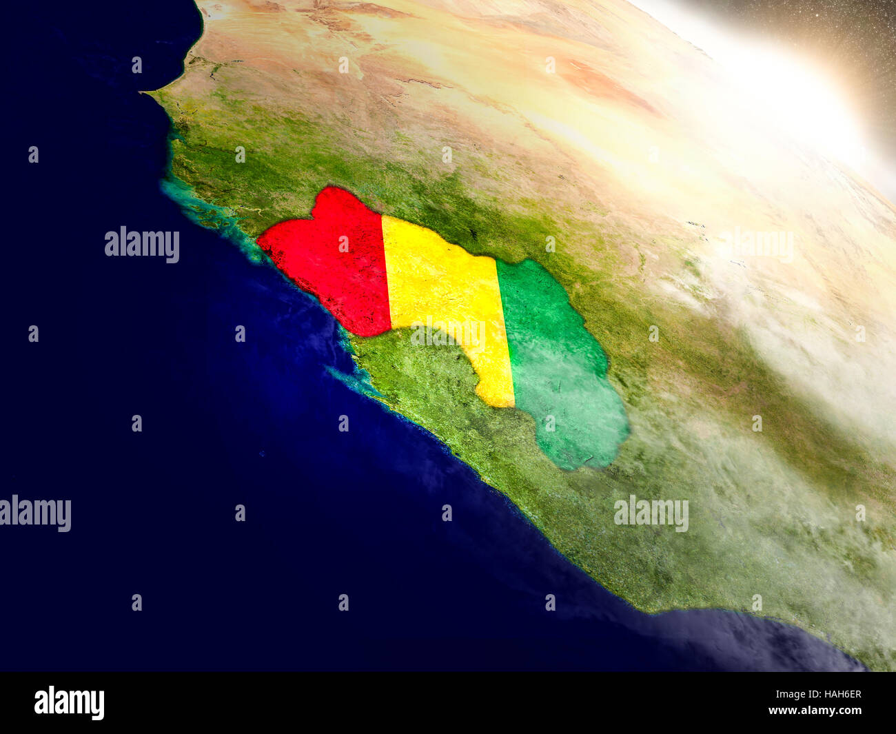 Guinea with embedded flag on planet surface during sunrise. 3D ...