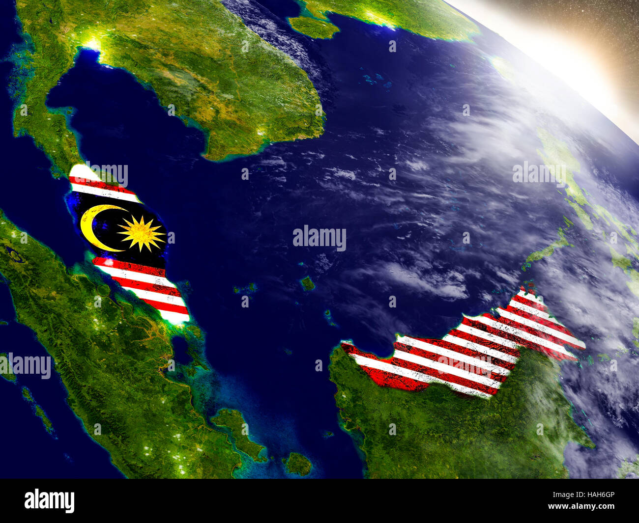 Malaysia with embedded flag on planet surface during sunrise. 3D ...