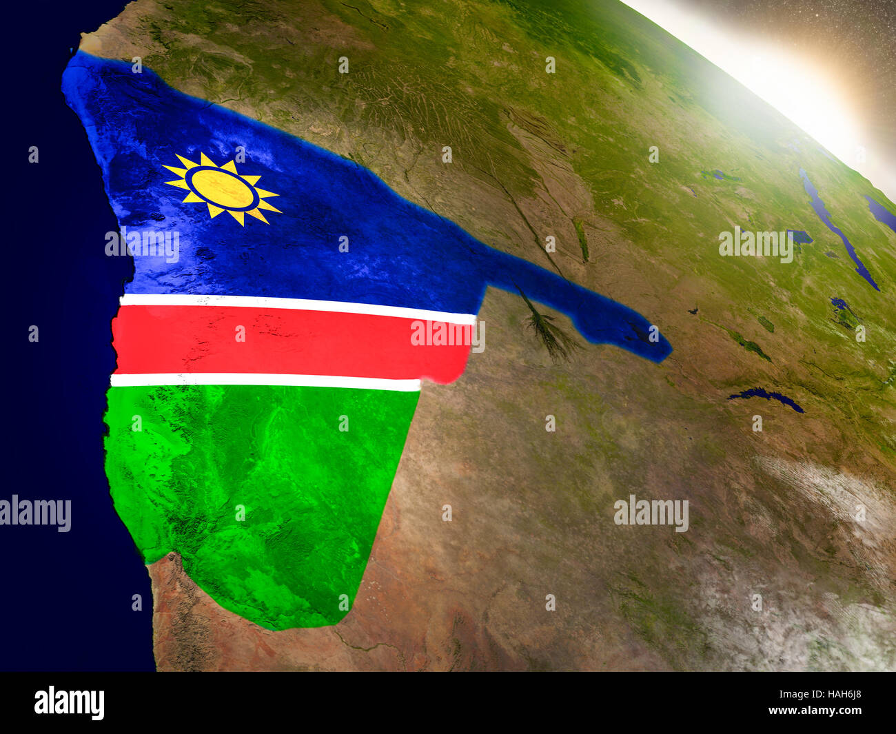 Namibia with embedded flag on planet surface during sunrise. 3D ...