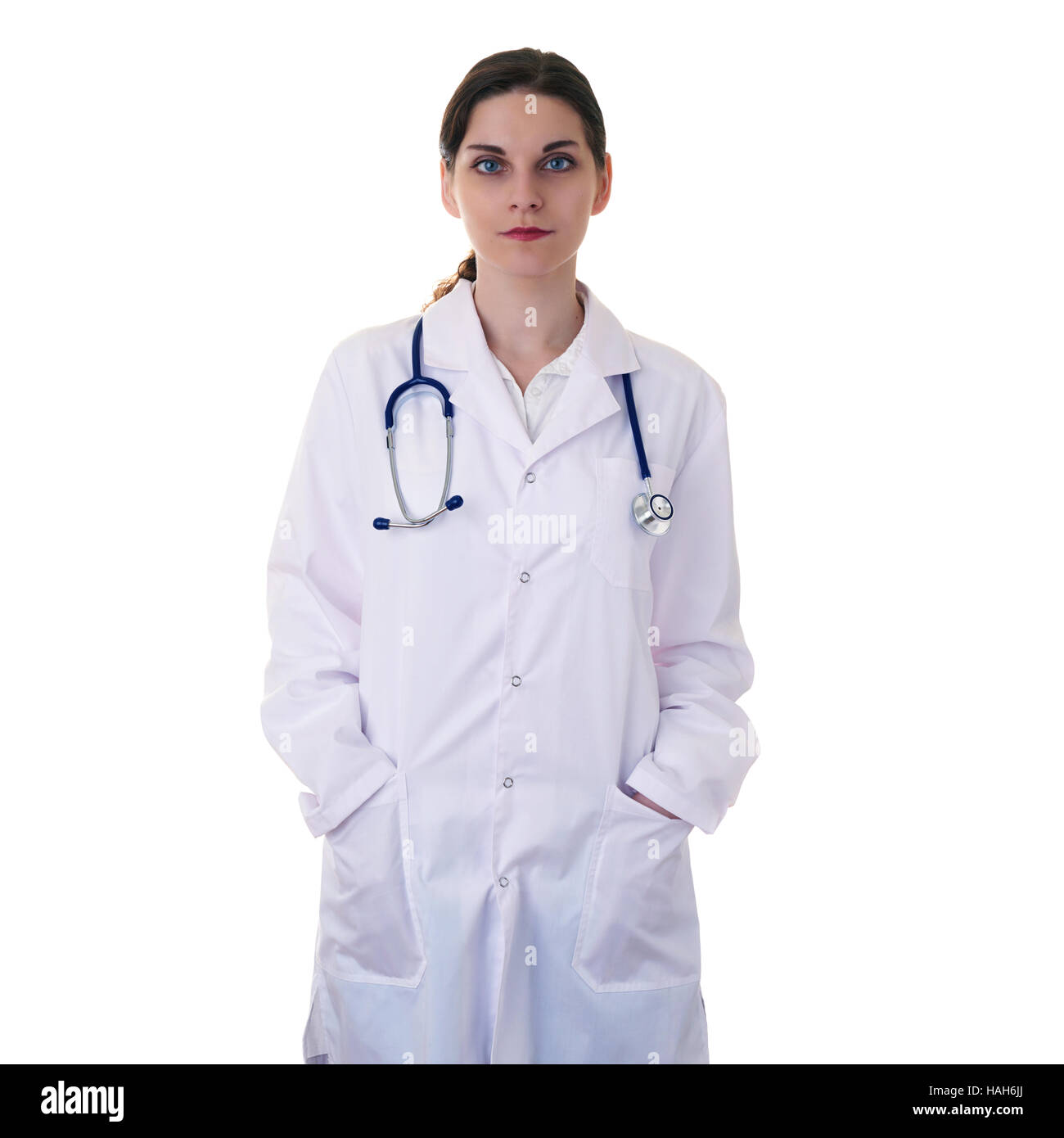 Female doctor assistant scientist in white coat over  isolated background Stock Photo