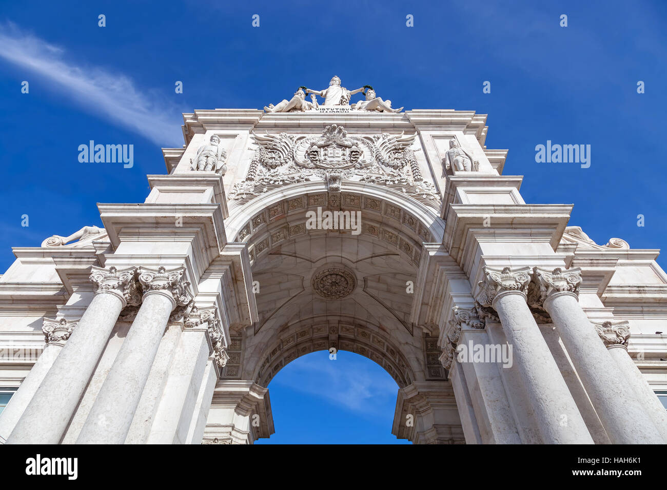 Lisbon, Portugal. Looking up at the Augusta Street Triumphal Arch in the Commerce Square, Praca do Comercio or Terreiro do Paco. Stock Photo