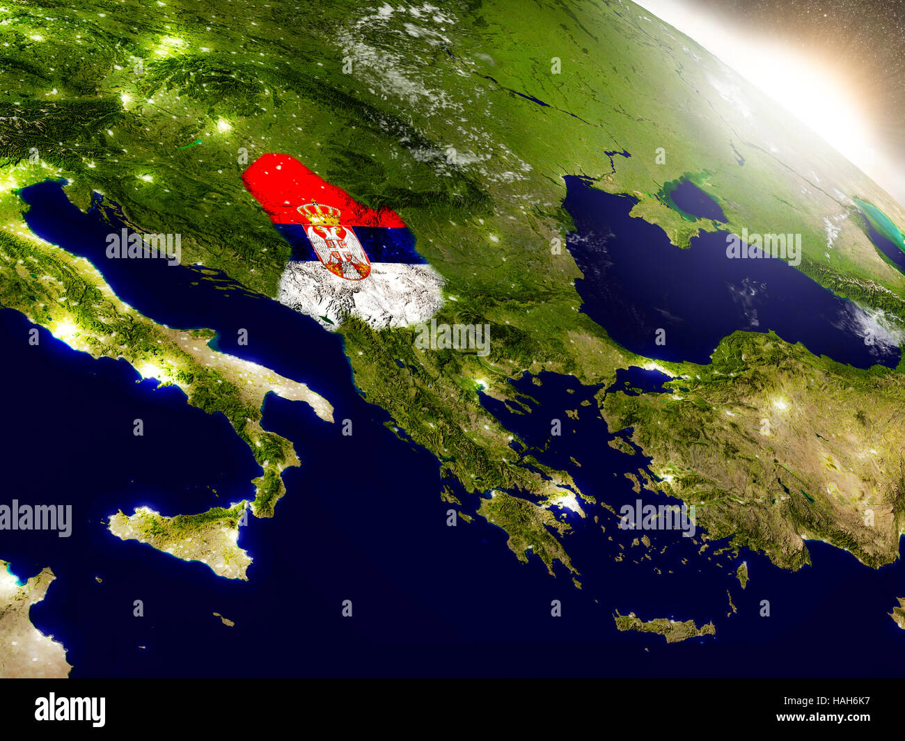 Serbia with embedded flag on planet surface during sunrise. 3D ...