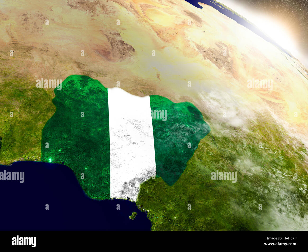 Nigeria with embedded flag on planet surface during sunrise. 3D ...
