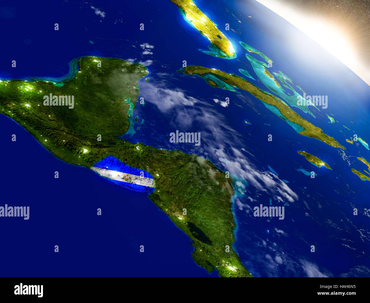 El Salvador with embedded flag on planet surface during sunrise. 3D ...