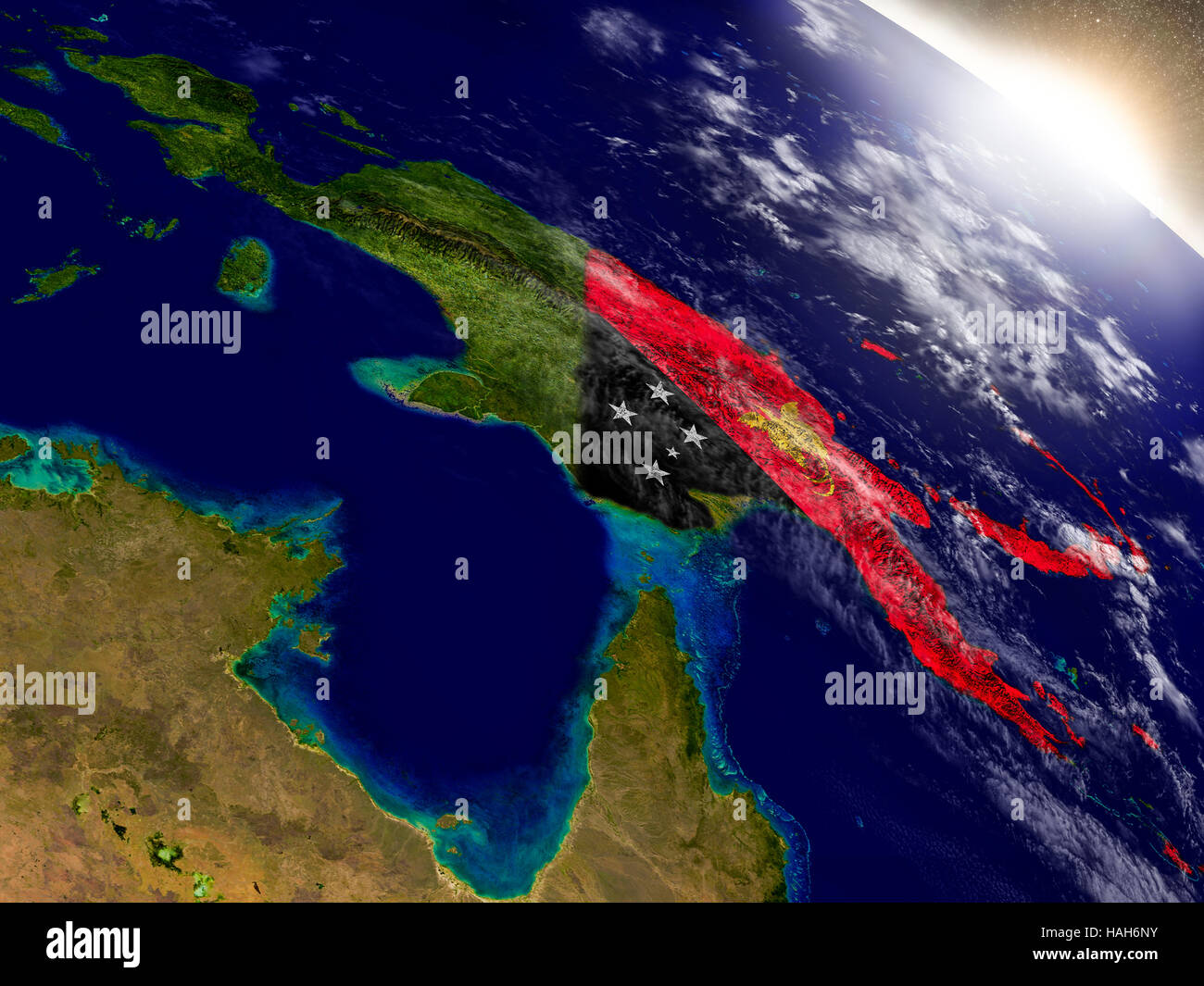 Papua New Guinea with embedded flag on planet surface during sunrise ...