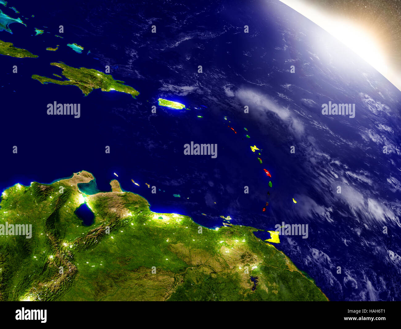 Caribbean with embedded flag on planet surface during sunrise. 3D ...