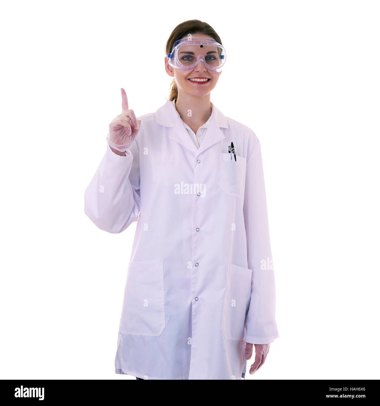 Female assistant scientist in white coat over  isolated background Stock Photo
