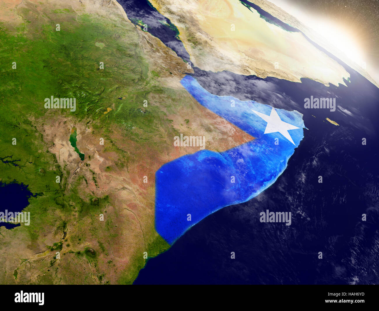 Somalia with embedded flag on planet surface during sunrise. 3D ...