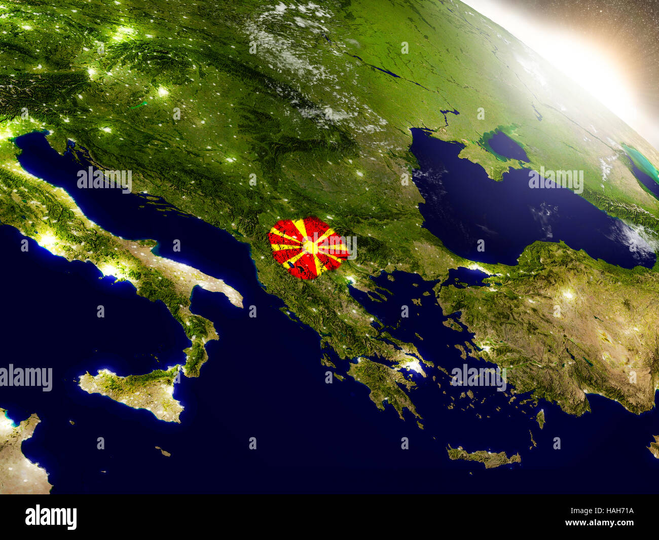 Macedonia with embedded flag on planet surface during sunrise. 3D ...