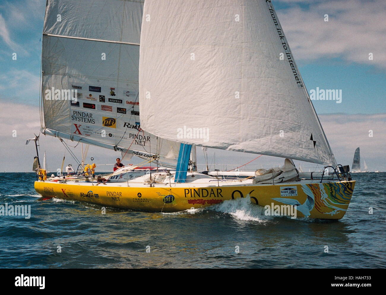 AJAXNETPHOTO. 4TH JUNE, 2000. PLYMOUTH, ENGLAND. - EUROPE 1 NEW MAN STAR TRANSAT YACHT RACE -  YACHT PINDAR SKIPPERED BY EMMA RICHARDS AT THE START OF THE EUROPE 1 NEW MAN STAR SINGLE HANDED TRANSATLANTIC RACE.  PHOTO:TONY CARNEY/ACME/AJAX  REF:TC4924 4 4A Stock Photo