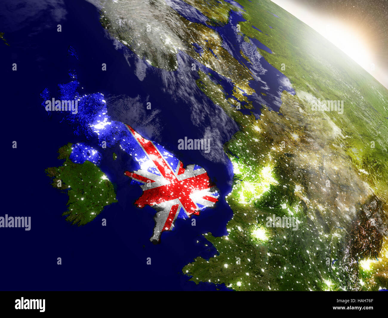 United Kingdom with embedded flag on planet surface during sunrise. 3D ...