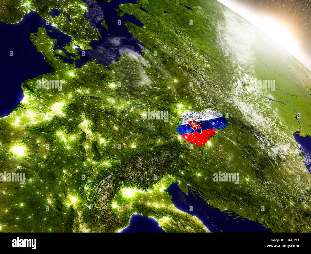 Slovakia with embedded flag on planet surface during sunrise. 3D ...
