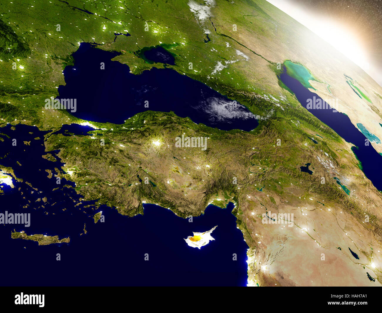 Cyprus with embedded flag on planet surface during sunrise. 3D ...