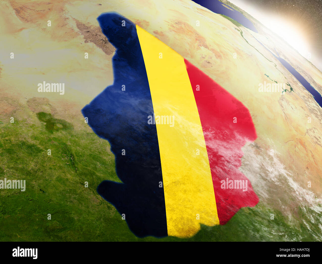 Chad with embedded flag on planet surface during sunrise. 3D ...