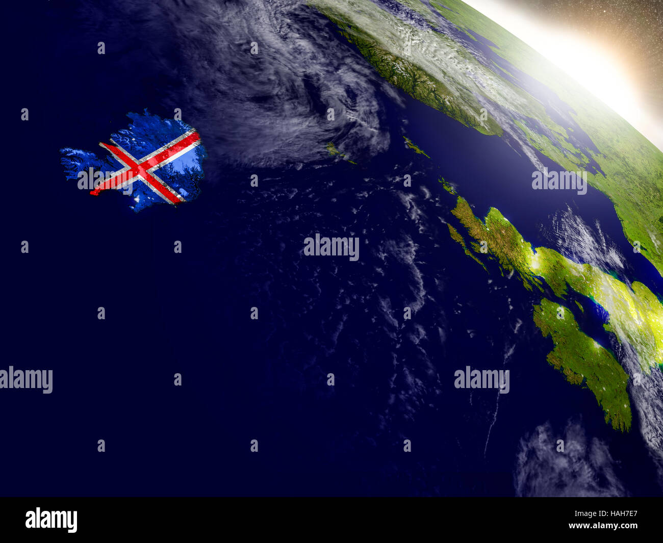 Iceland with embedded flag on planet surface during sunrise. 3D ...