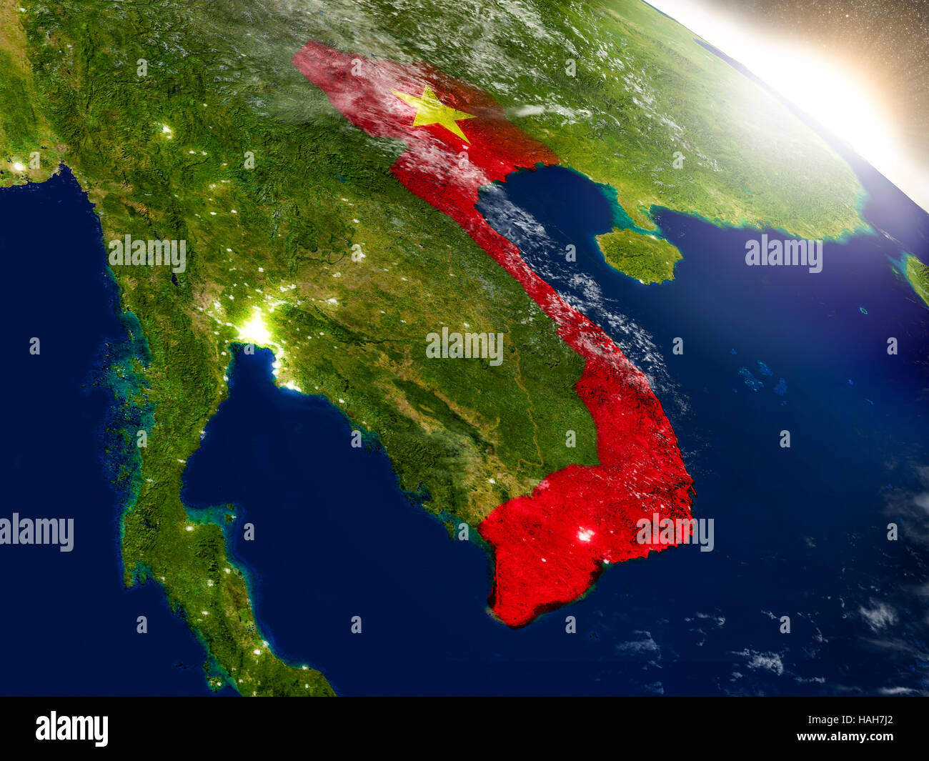 Vietnam with embedded flag on planet surface during sunrise. 3D ...