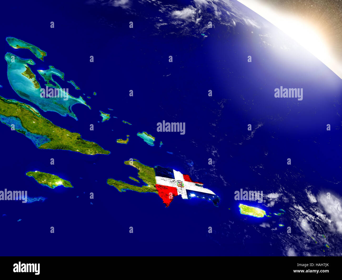 Dominican Republic with embedded flag on planet surface during sunrise ...