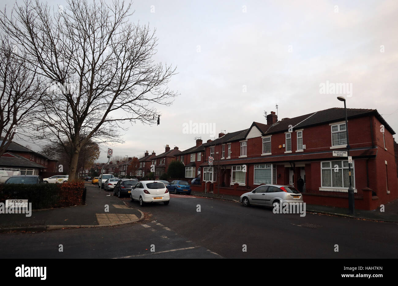 A general view of Bluestone Road in Moston, Manchester, where four people were attacked by an