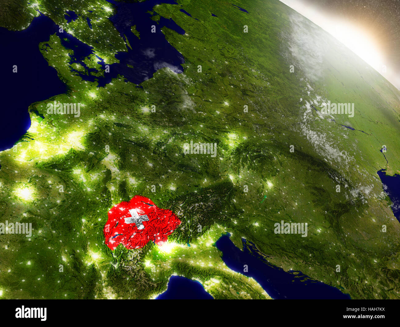 Switzerland with embedded flag on planet surface during sunrise. 3D ...