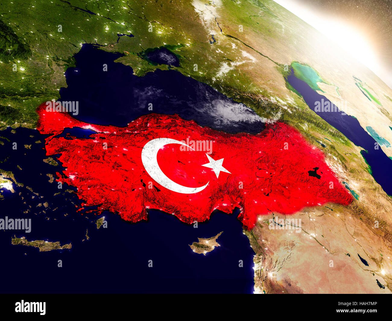Turkey with embedded flag on planet surface during sunrise. 3D ...
