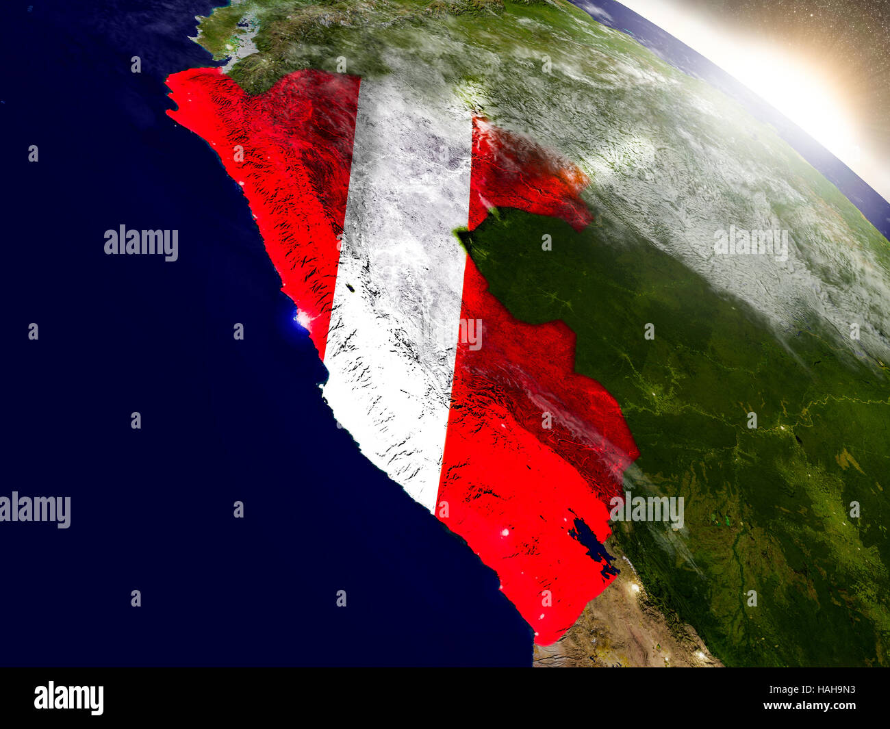 Peru with embedded flag on planet surface during sunrise. 3D ...