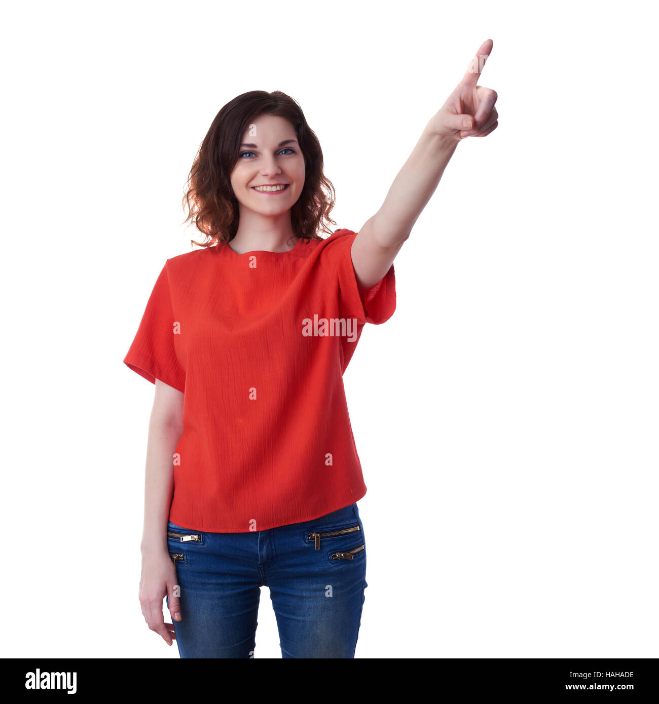 Smiling young woman over white isolated background Stock Photo - Alamy