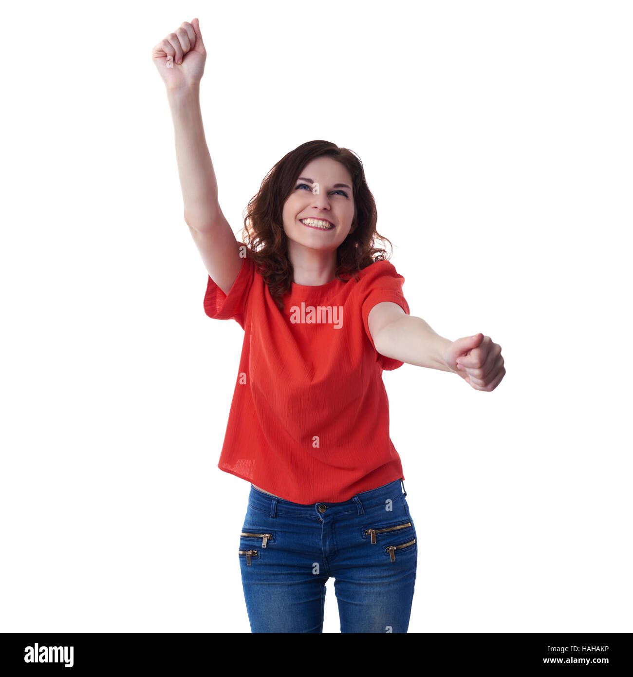 Smiling young woman over white isolated background Stock Photo - Alamy