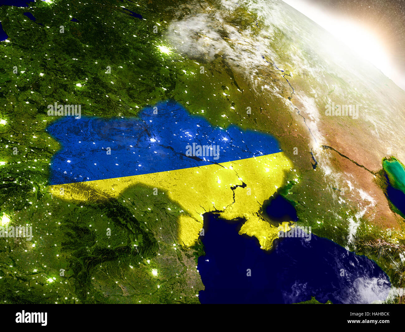 Ukraine with embedded flag on planet surface during sunrise. 3D ...