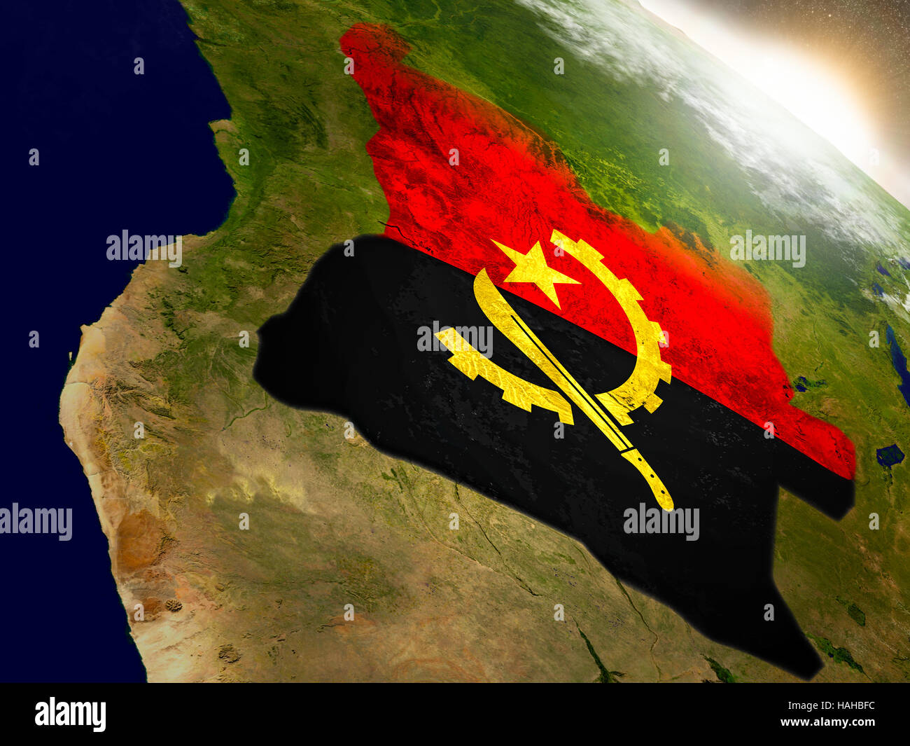 Angola with embedded flag on planet surface during sunrise. 3D ...