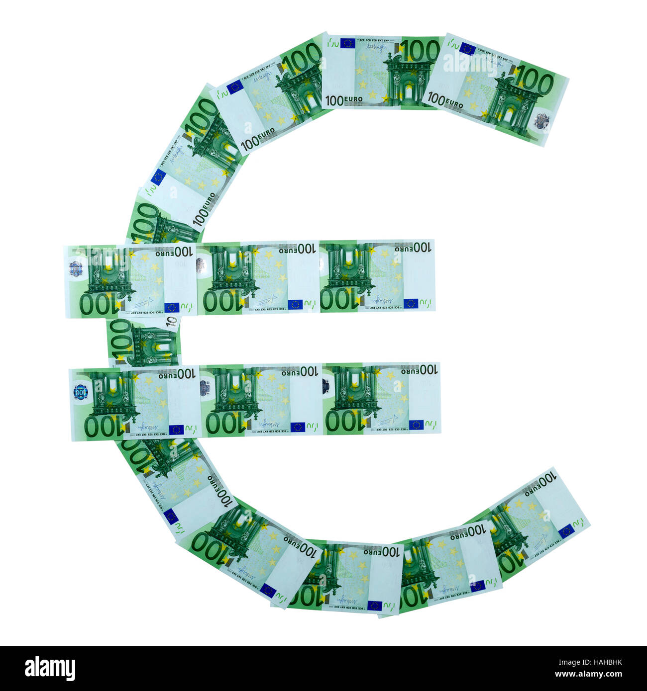 Euro symbol made of 100 euro banknotes isolated on white background