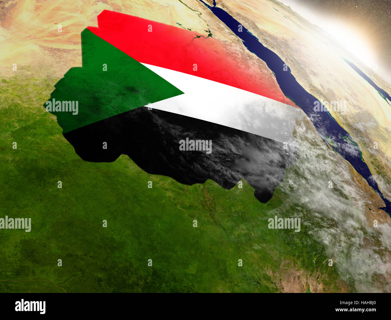 Sudan with embedded flag on planet surface during sunrise. 3D ...