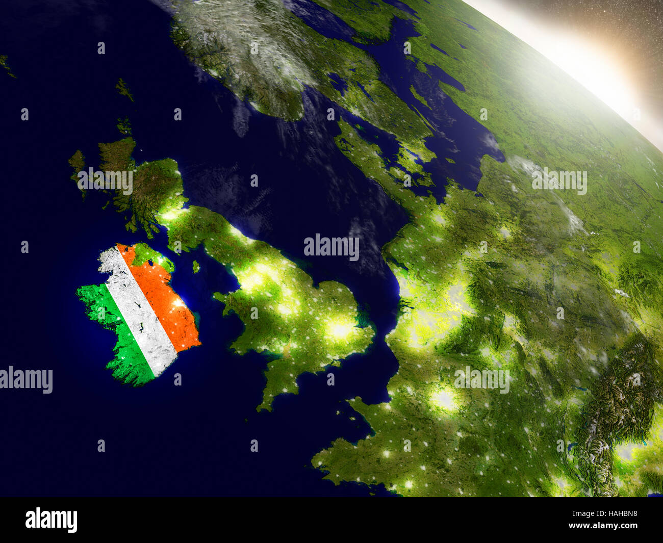 Ireland with embedded flag on planet surface during sunrise. 3D ...
