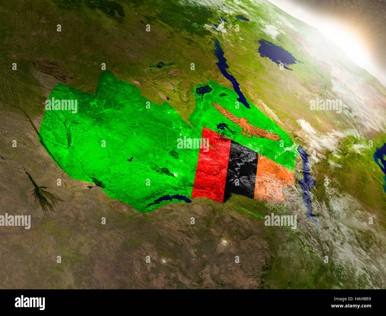 Zambia with embedded flag on planet surface during sunrise. 3D ...
