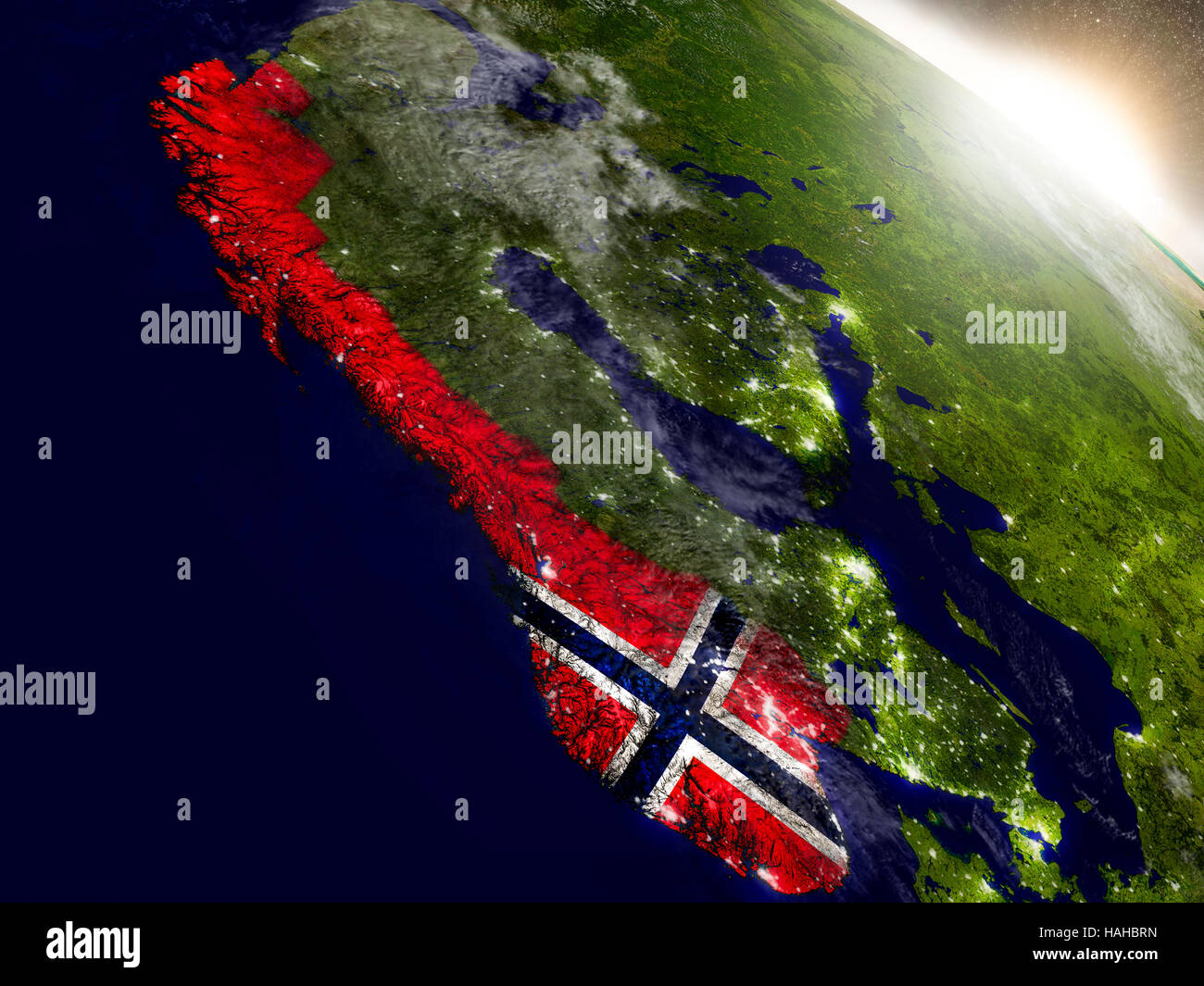 Norway with embedded flag on planet surface during sunrise. 3D ...