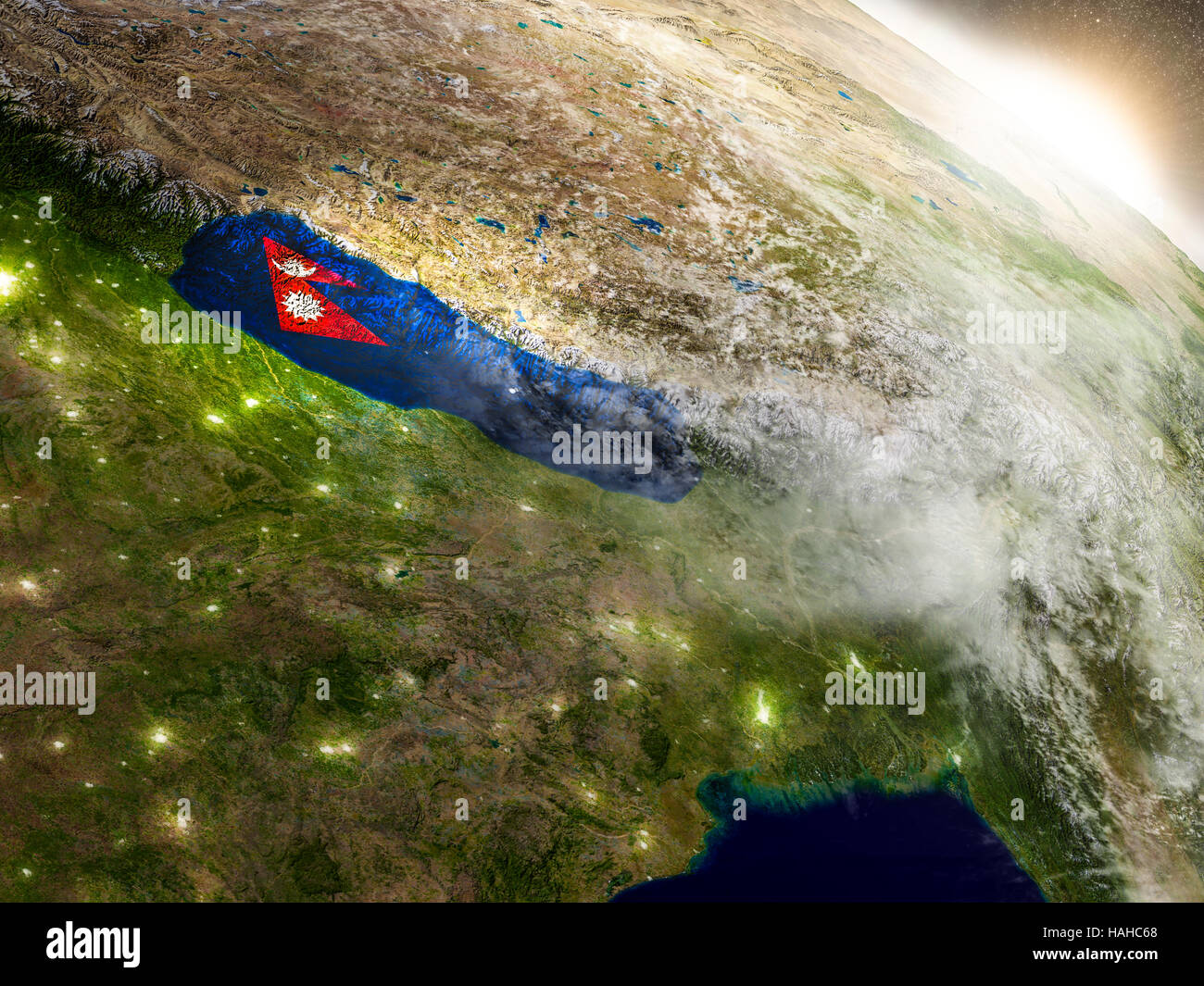 Nepal with embedded flag on planet surface during sunrise. 3D ...