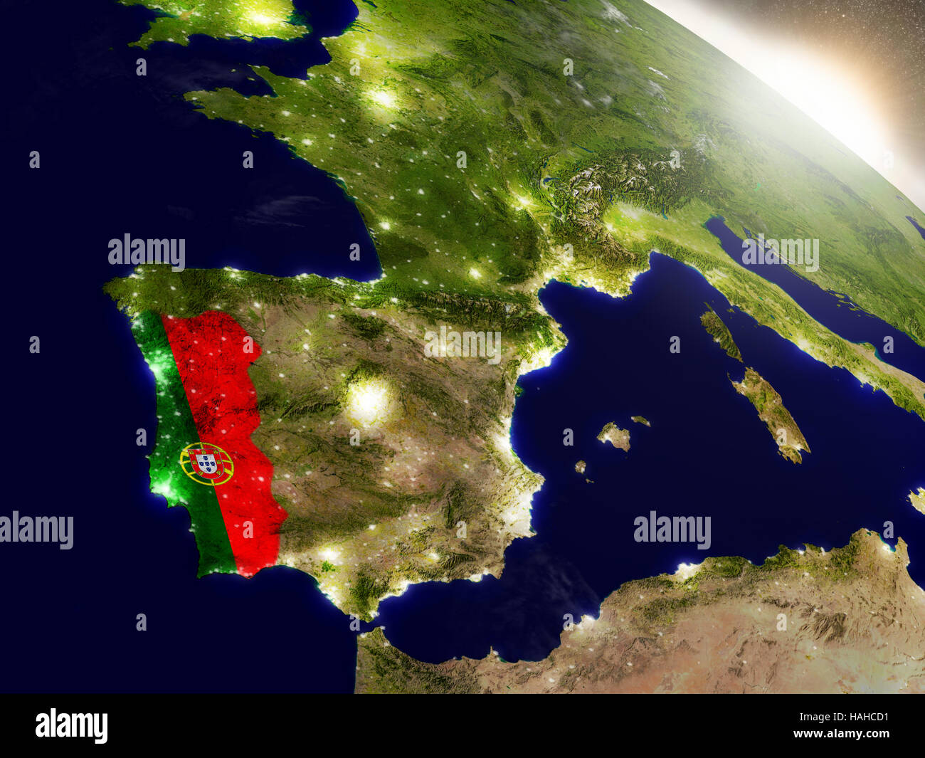 Portugal with embedded flag on planet surface during sunrise. 3D ...
