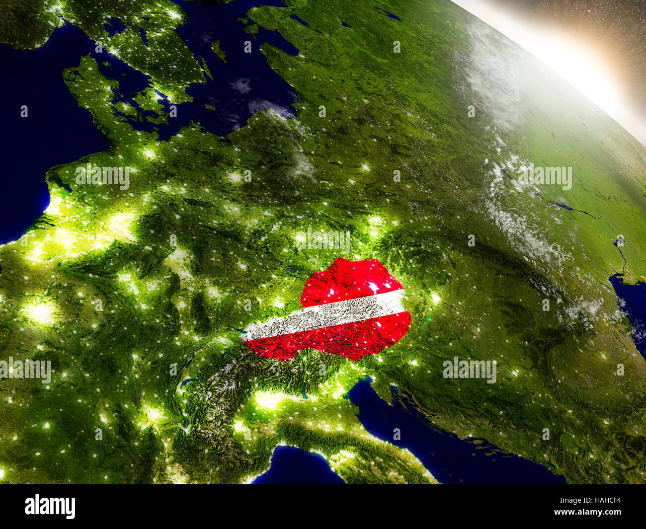 Austria with embedded flag on planet surface during sunrise. 3D ...