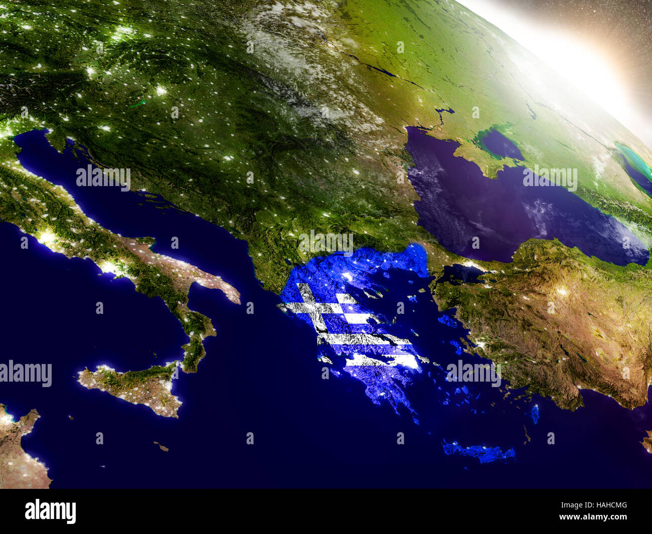 Greece with embedded flag on planet surface during sunrise. 3D ...