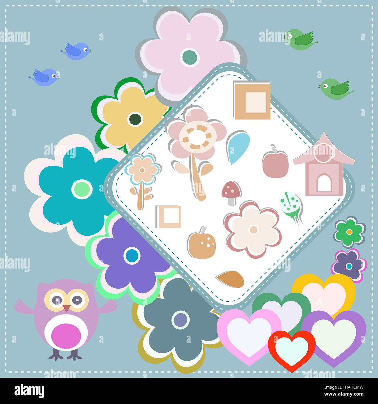invitation pattern with owl flower pattern for kids Stock Photo - Alamy