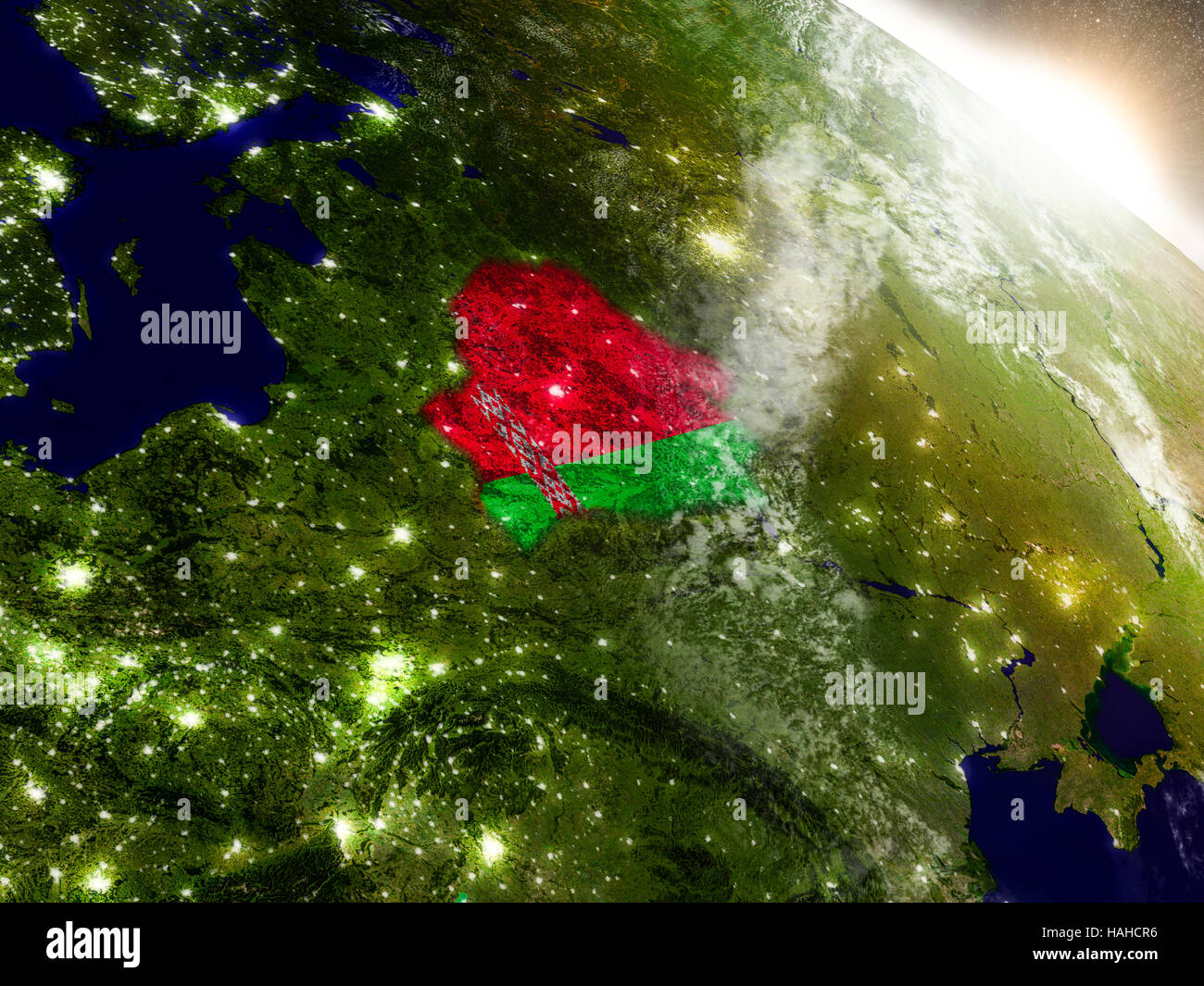 Belarus with embedded flag on planet surface during sunrise. 3D ...